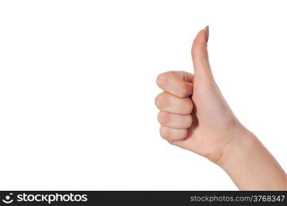 Closeup of Female hand showing thumbs up sign isolated against white background