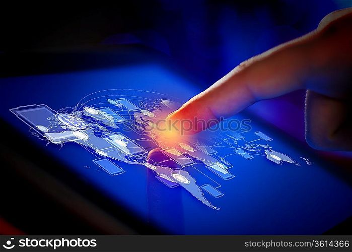 Closeup of finger touching blue toned screen on tablet-pc