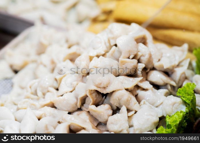 Closeup of fish dumplings, thai street food market