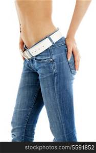 closeup of fit lady in blue jeans with white belt