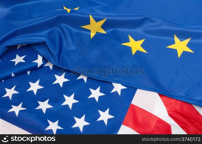 Closeup of Flags of USA and European Union