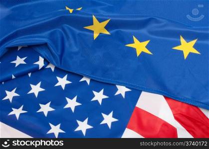 Closeup of Flags of USA and European Union