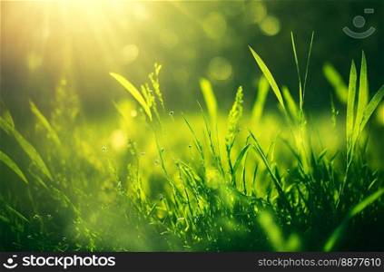 Closeup of fresh and bright green spring grass with sun rays and bokeh effect during sunset. Abstract natural background with green grass and sunlight or sun rays. 3D illustration.