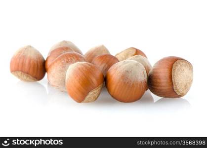 Closeup of fresh hazelnuts on white reflective background.