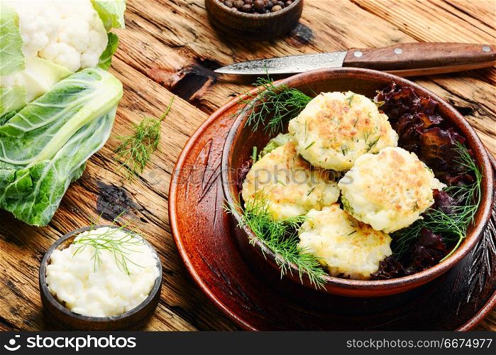 Closeup of fried vegetable cutlets. Healthy fried vegetable rissole with cabbage.Vegetarian rissole