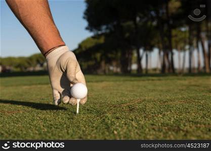 closeup of golf players hand placing ball on tee. beautiful sunrise on golf course landscape in background