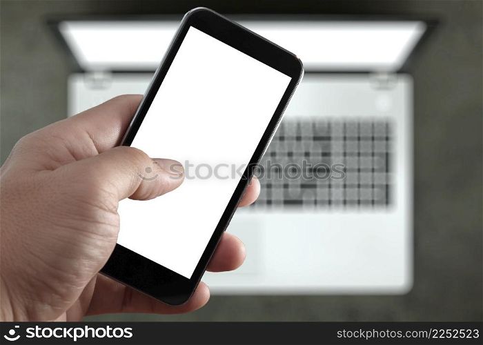 Closeup of Hand holding Blank Screen of Smat phone with blurred background as concept