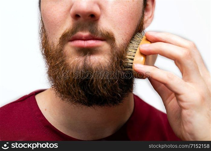 closeup of handsome man brushing his beard on white background isolated beauty. closeup of handsome man brushing his beard on white background isolated