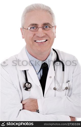 Closeup of happy male doctor smiling on white background