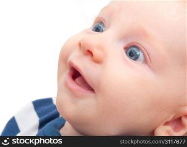 Closeup of Happy Smiling Newborn Baby on White Background