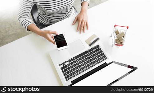 Closeup of happy young woman holding credit card inputting card information while and using smart phone at home. Online shopping concept