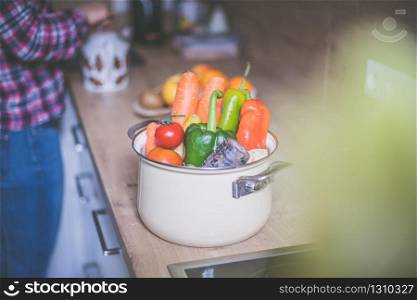 Closeup of healthy vegetables in the kitchen, topview