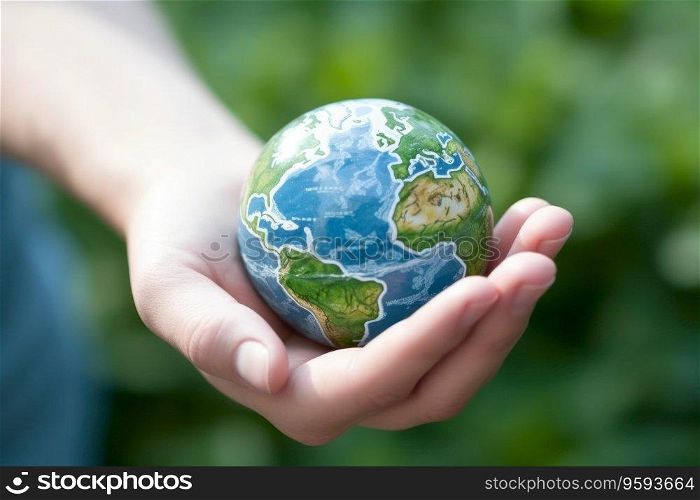 Closeup of human hands holding a model of the earth in the field