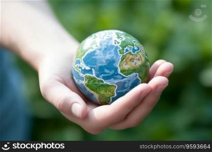 Closeup of human hands holding a model of the earth in the field