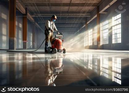 Closeup of janitor cleaning floor with polishing machine indoors. Scrubber machine for stone or parquet floor cleaning created by generative AI 