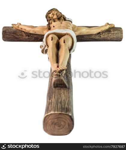 closeup of jesus crucified on the cross. Image shows the cross from below
