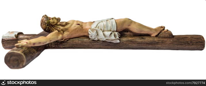 closeup of jesus crucified on the cross. Image shows the cross from the right side