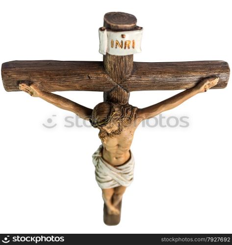 closeup of jesus crucified on the cross. This image showing the cross dive from above