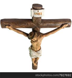 closeup of jesus crucified on the cross. This image showing the cross dive from above