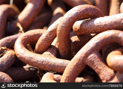 Closeup of large rusty old used chain links as background texture