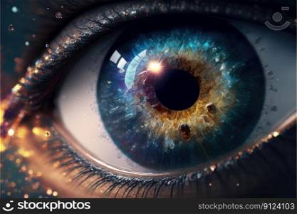 Closeup of macro galaxy in glowing sharp eyesight vision. Concept of outer space in human eye. Finest generative AI.. Closeup of macro galaxy in glowing sharp eyesight vision.