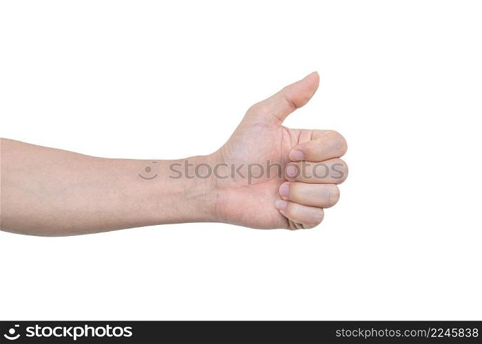 Closeup of male hand showing thumbs sign isolated on white background with clipping path.