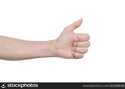 Closeup of male hand showing thumbs sign isolated on white background with clipping path.