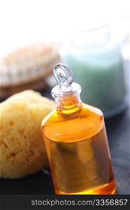 Closeup of massage oil bottle