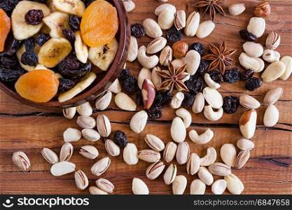 Closeup of mix of dried fruits in a wooden bowl and nuts seen from above. Closeup of mix of dried fruits and nuts seen from above