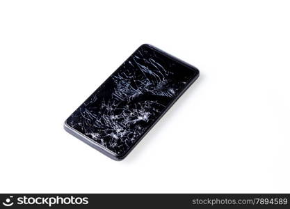 Closeup of mobile smartphone with broken screen isolated on white.