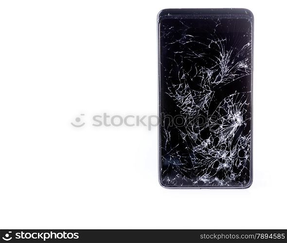 Closeup of mobile smartphone with broken screen isolated on white, with copyspace