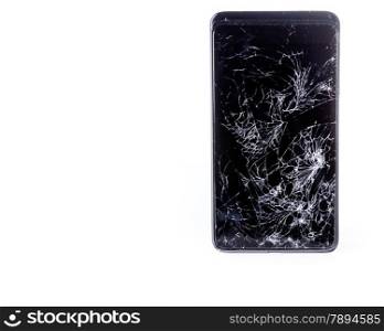 Closeup of mobile smartphone with broken screen isolated on white, with copyspace