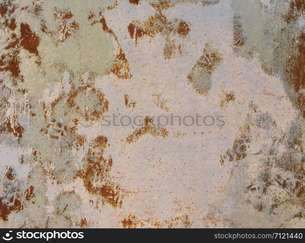 Closeup of old grey painted metal surface with rusty stains