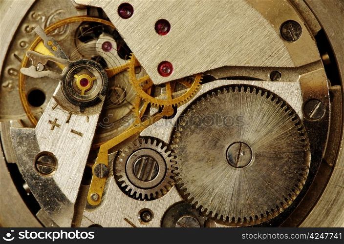 Closeup of old metal clock mechanism