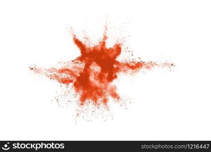 Closeup of orange dust particle splash isolated on white background.
