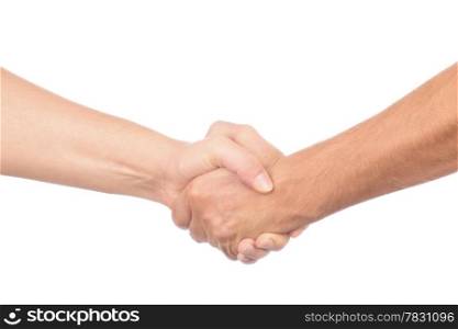 Closeup of people shaking hands isolated on white background