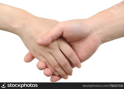 Closeup of people shaking hands on white