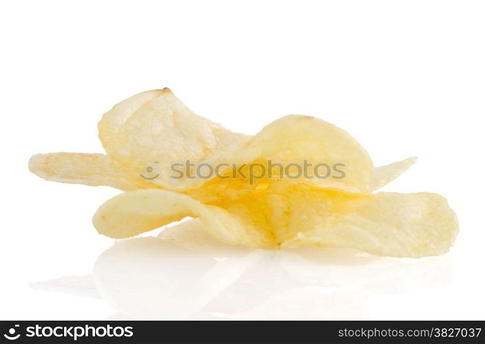 Closeup of potato chips on white reflective background.