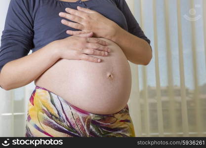 Closeup of pregnant woman at home