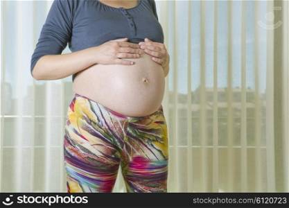 Closeup of pregnant woman at home