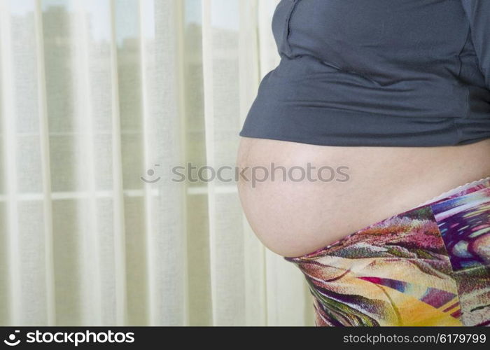 Closeup of pregnant woman at home