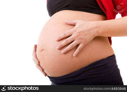 Closeup of pregnant woman at white background