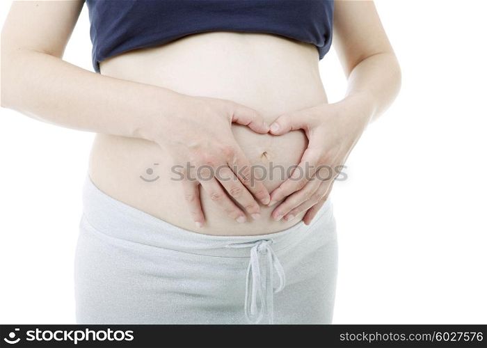 Closeup of pregnant woman at white background