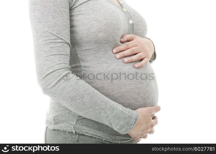 Closeup of pregnant woman at white background