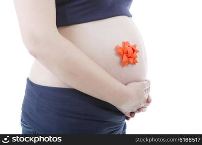 Closeup of pregnant woman at white background