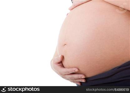Closeup of pregnant woman at white background. pregnant