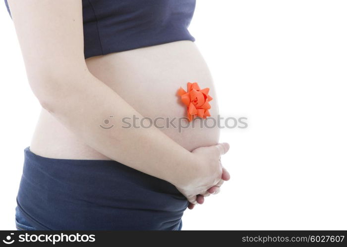 Closeup of pregnant woman, isolated on white