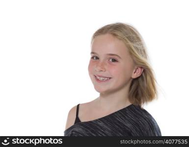 Closeup of pretty young girl, looking forward, isolated on white