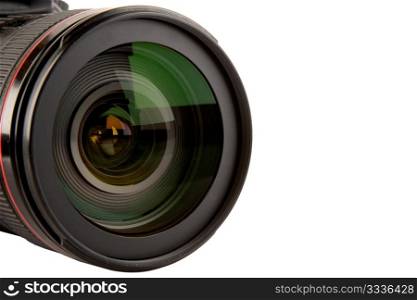 closeup of professional photo lens, isolated on white background