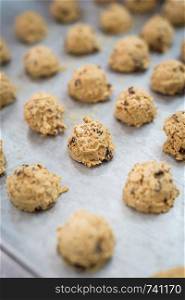 Closeup of row cookie ball before making cook in an oven